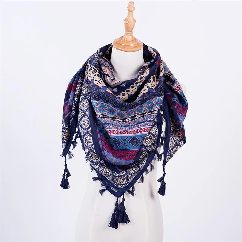  New Square Scarf Women Winter Scarf With Tassel Prrinted Flower Pattern Shawl Female Casual Handker