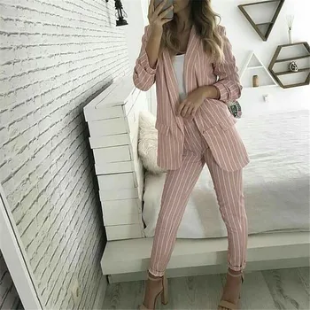 

2018 New Women Polyester Full None V-neck Fly Fashion Suits Striped Top + Nine Pants Two-piece Female