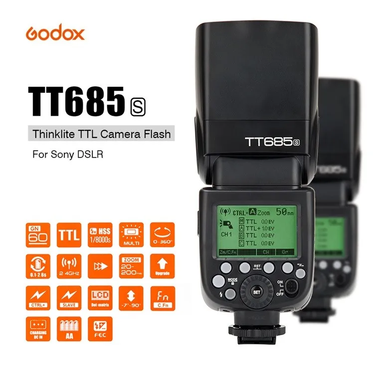 Godox TT685S GN60 ttl вспышка светильник Speedlite 230 Полная мощность Авто/Ручное Масштабирование для sony DSLR камер A77II A7RII A7R A58 A99