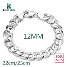 Kasanier S925 стерлингового серебра Для мужчин Браслеты 12 мм ширина 22-23 см, обувь на плоской подошве Для мужчин Браслеты Новые поступления Высокое качество, модное ювелирное изделие