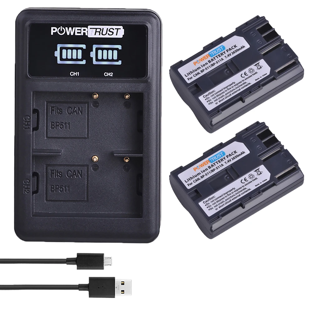 2Pcs 2650Mah Bp-511 Bp 511 Bp511 Bp511A Batterie Per Foto/Videocamera + Led Dual Usb Caricabatteria Per Canon Eos 40D 300D 5D 20D 30D 50D