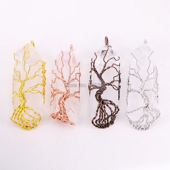 

5PCS ZYZ313-3651 Natural Crystal Pillar Big Pendants Copper Wire Wrapped Drusy Quartz Pendant for Necklace