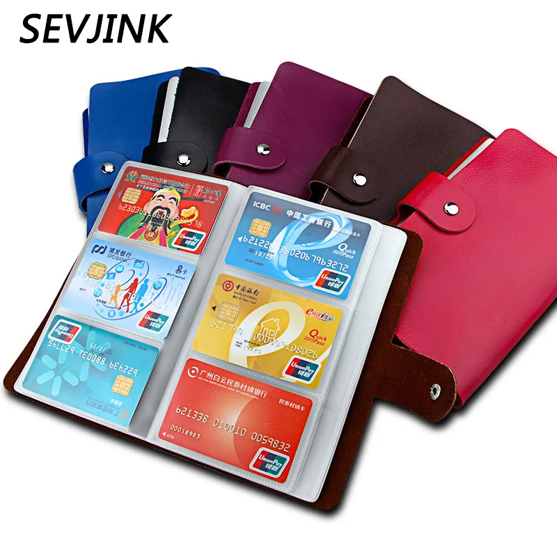 

SEVJINK Hot Sale 90 Slots Women Men Credit Cards Holder Genuine Leather Buckle Large Capacity Business ID Cover Organizer Wallet