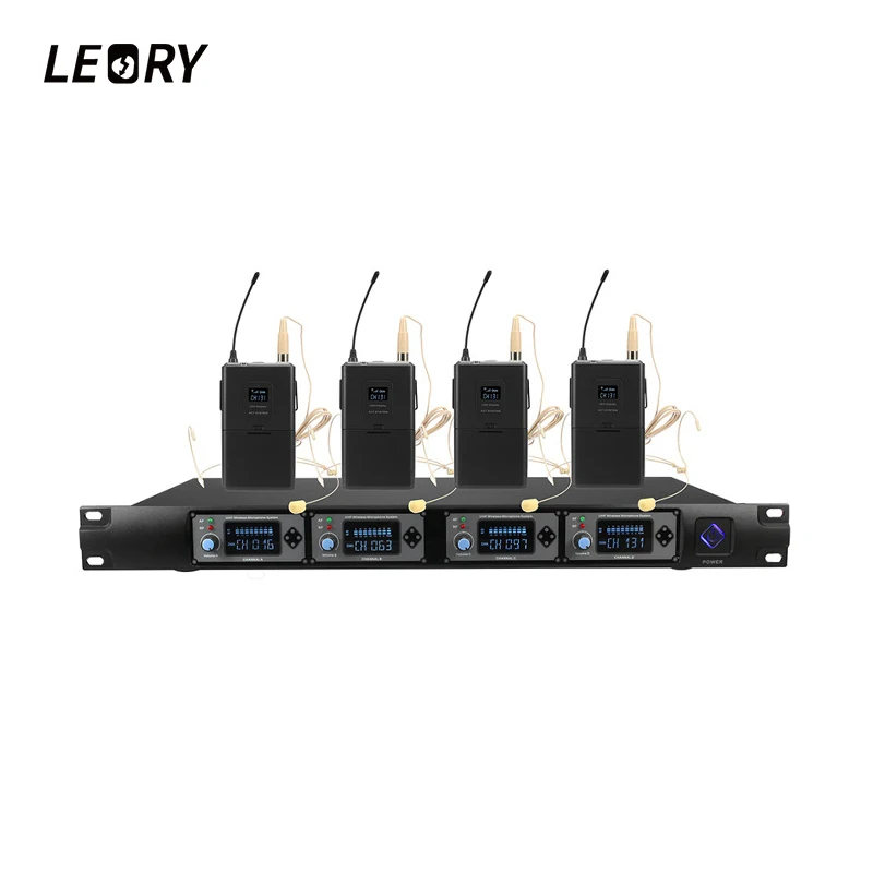 

LEORY U-F4000D Professional 4 Channel UHF Wireless Microphone System Dynamic Microphone 4 Channel With Lavalier Karaoke LED
