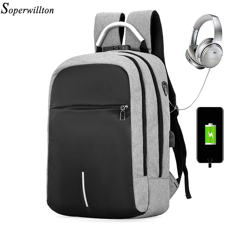 

Soperwillton New Men Backpack USB charging 15.6 inch Laptop Backpacks For Teenager Male Mochila Leisure Travel backpack #1206