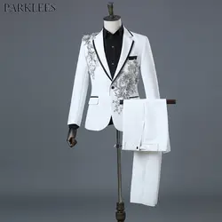 Мужские Белые Цветочные блесток 2 шт костюмы (куртки + брюки) Slim Fit One Button свадебный смокинг жениха костюм мужской свадебный костюм