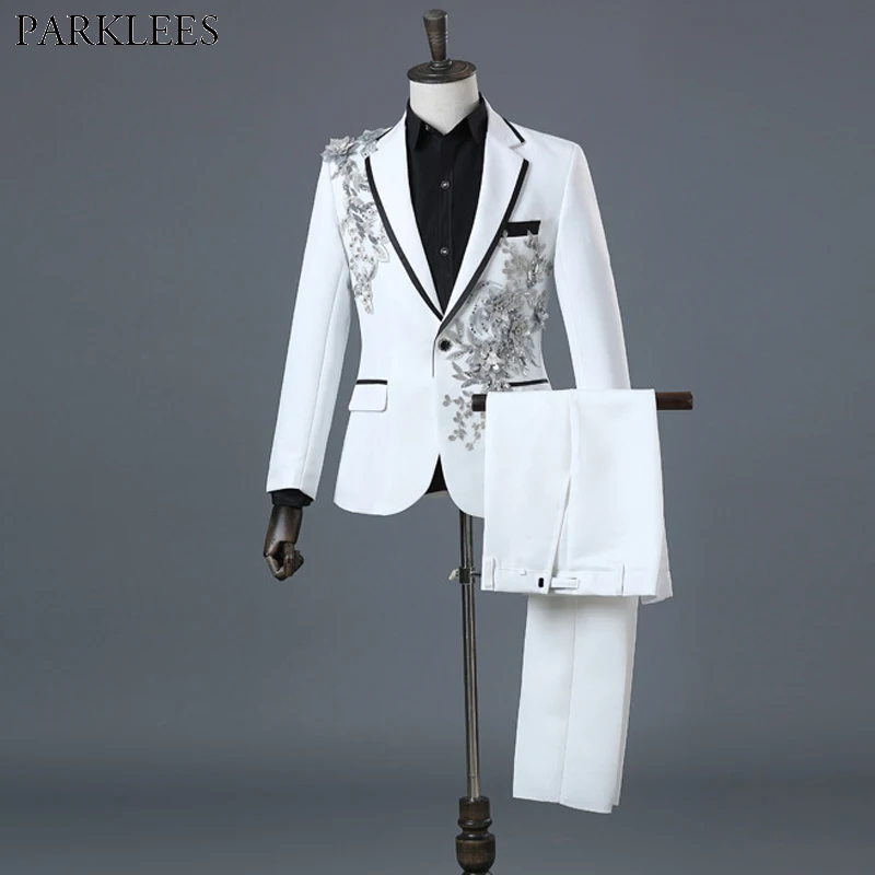 Us 5243 50 Offmens White Floral Sequin 2 Pieces Suits Jacketspants Slim Fit One Button Wedding Groom Tuxedo Suit Male Costume Mariage Homme In