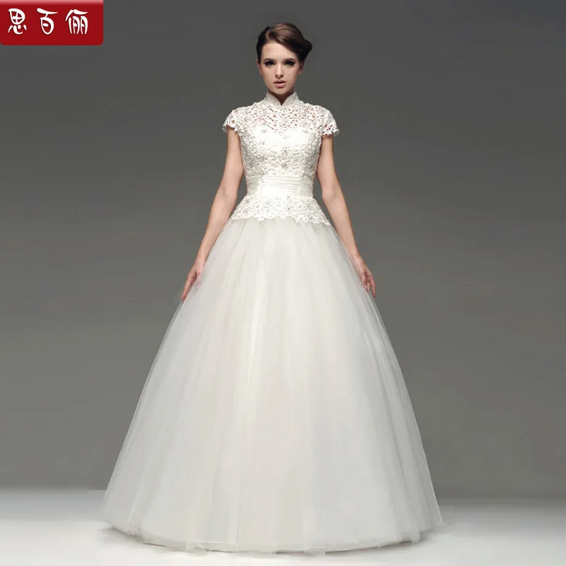 Chinese style wedding dress white vintage slim waist short sleeve gauze