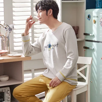 

Men Pajamas Sets Autumn Long Sleeve Cotton Casual Tracksuit Sleepshirt + Pants 2pc Pyjamas Male Plus Size L-3XL Pijamas Hombre