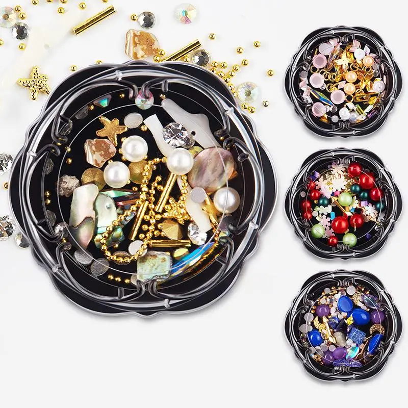 

1 Box Gradient Pearl Nail Beads Multi-size Rhinestone Metal Frame Manicure Accessories 3D Nail Art DIY Decoration