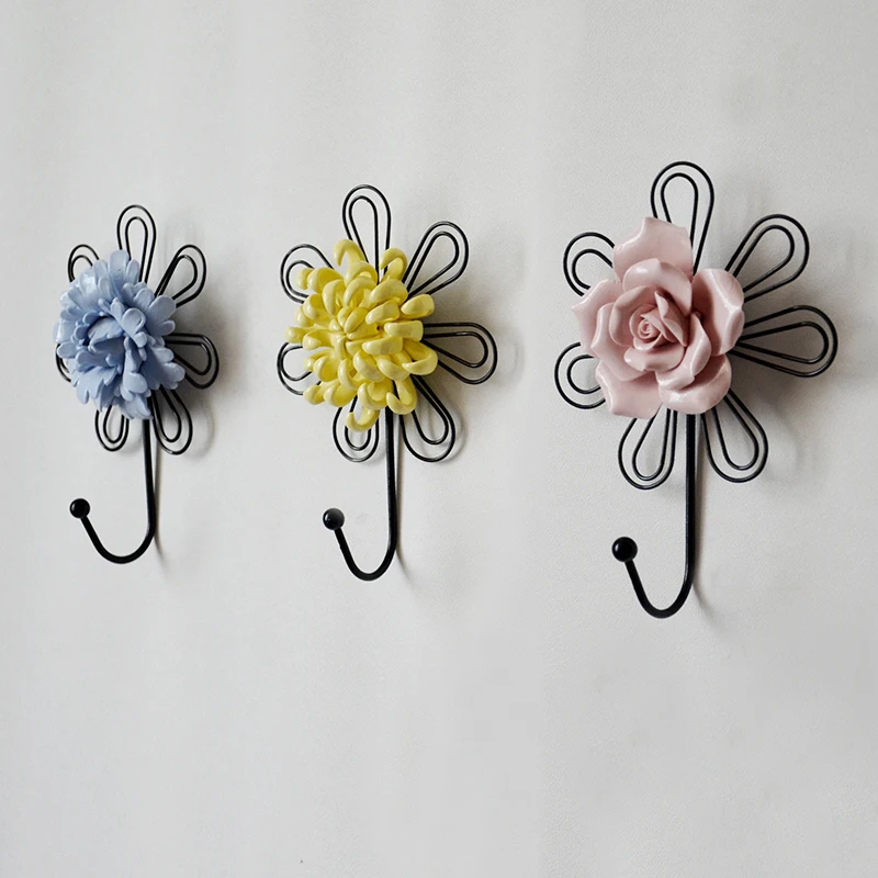 Ceramic flowers Hook Door Clothes HookS Bedroom Wall Hanger Creative Iron clothes hook Home