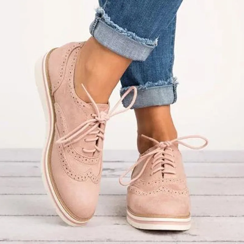 

Europe 2019 New Women Shoes Flats Brogue Shoes Oxfords Solid Fashion Casual Shoes Woman Lace-up Shallow Non-slip Plus Size 35-43
