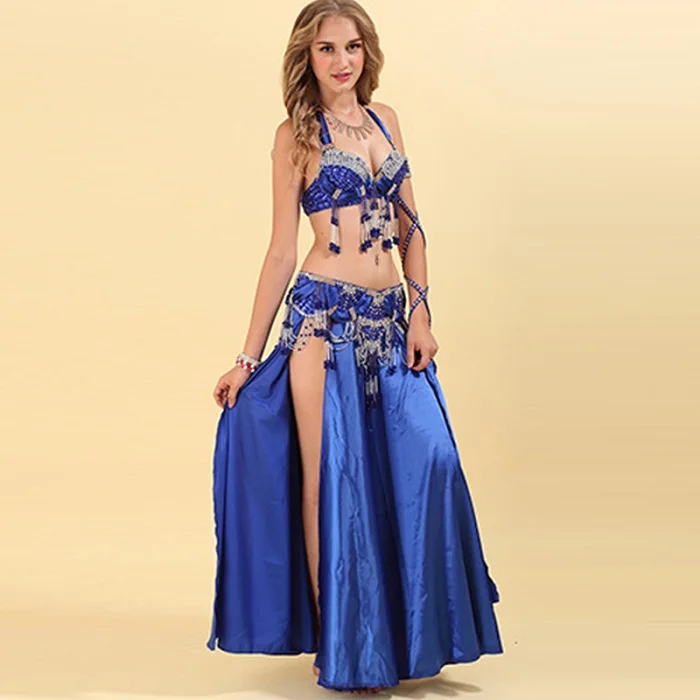 Новое поступление женский костюм для танца живота комплект бюстгальтер+ пояс 2 шт. сексуальные костюмы из бисера ручной работы Индийский танец живота одежда 8 цветов - Цвет: Royal blue