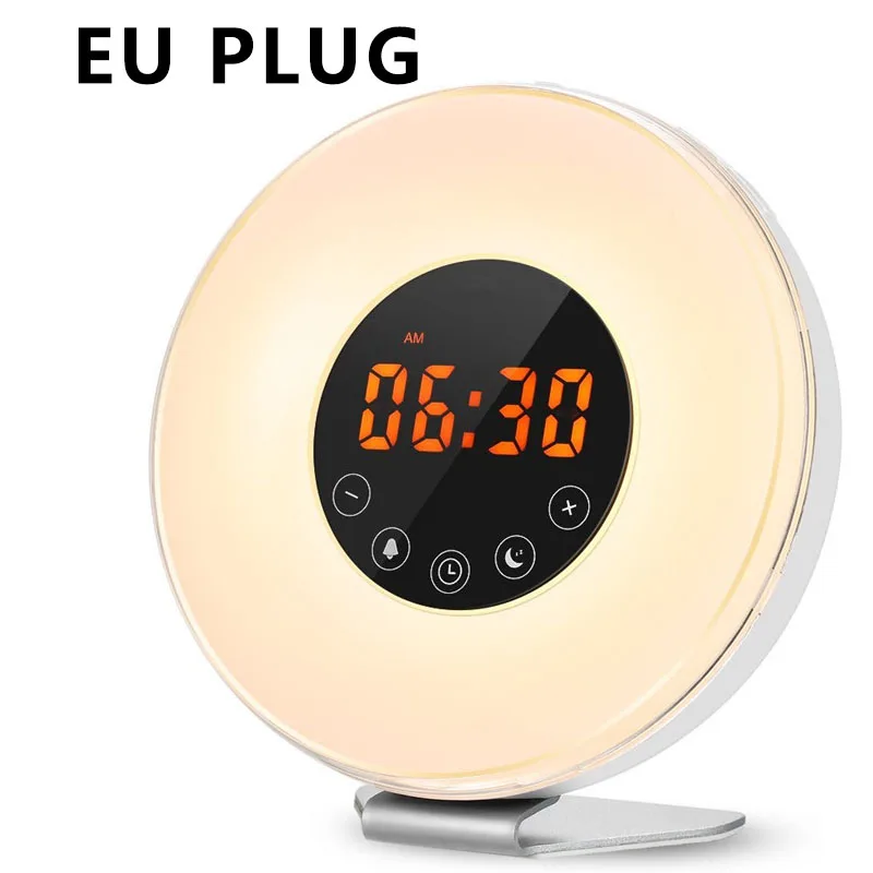 DEWEL светодиодный Будильник цифровой Повтор Настольные часы Пробуждение природы Ночная лампа рассвет красочный светильник с FM радио Дисплей Декор - Цвет: EU Plug Style 2