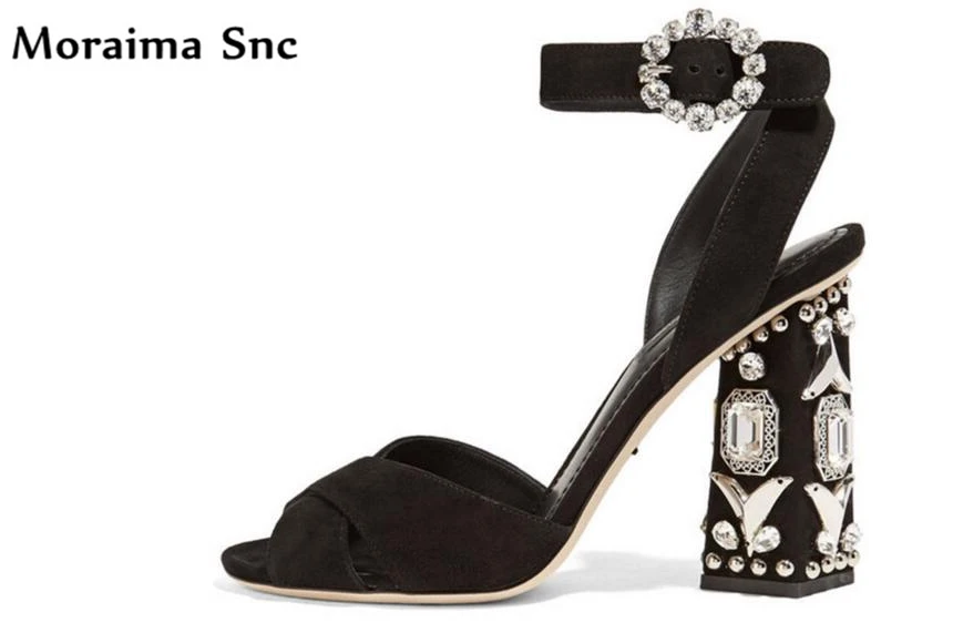 Moraima Snc Newest 2018 crystal rivet studded high heel sexy women sandals slingback cross-tied band square heel  party shoes