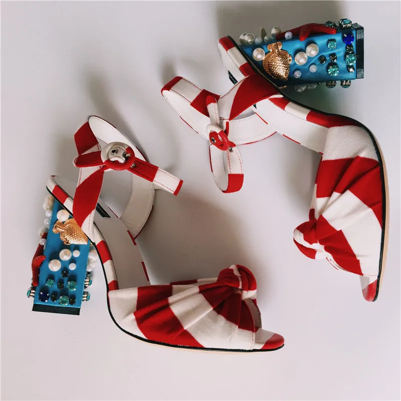 Black platform blau Shell rot Sommer Gladiator Schuhe Blue Ankle Gestreiften Red High Schwarzes Klobigen Tuch Chaussures Frau Femme platform Frauen Starfish Mode platform Sandalen Heels Strap qFgg8S