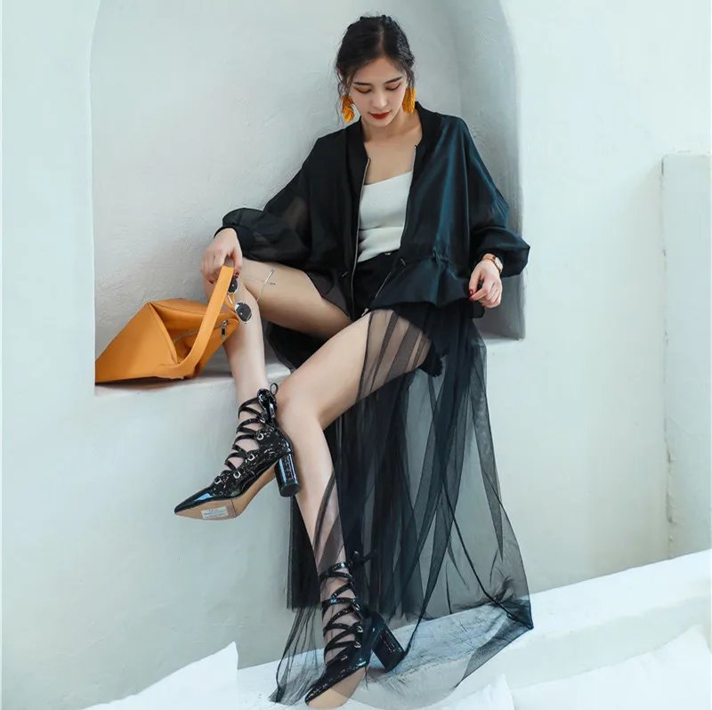 

Tulle Dress Patchwork Women Dress 2018 New Autumn Vestido Korean Dresses Long Trench outwear Mesh Spliced LT444S50