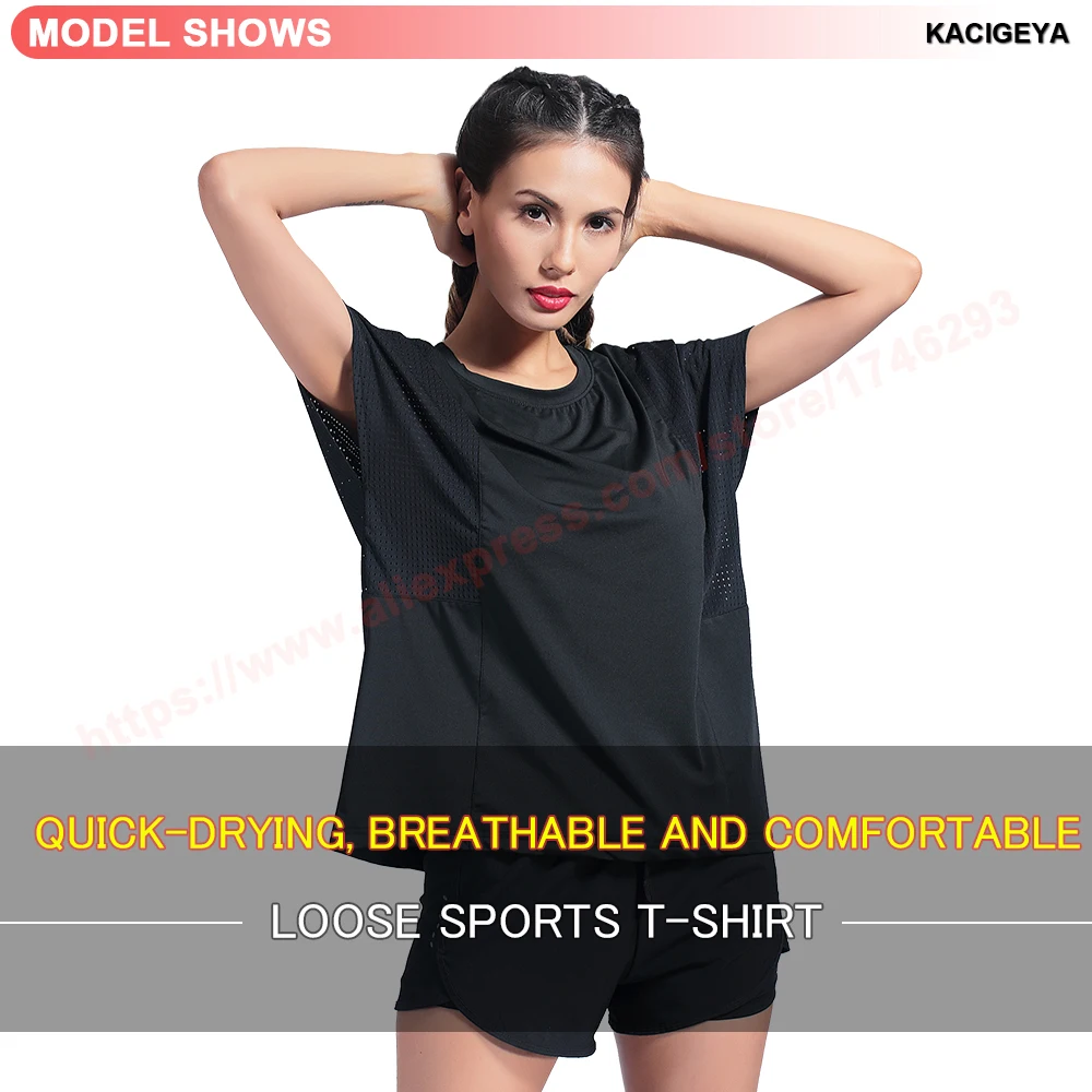 Running Patchwork Shirts Mesh Yoga Fitness Shirts Loose Workout Tee Breathable Women Sport Shirts Causal Short Sleeve