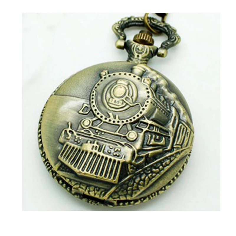 

(1004)12pcs/lot Bronze Railroad Steam Train Head Quartz Pocket Watch Necklace