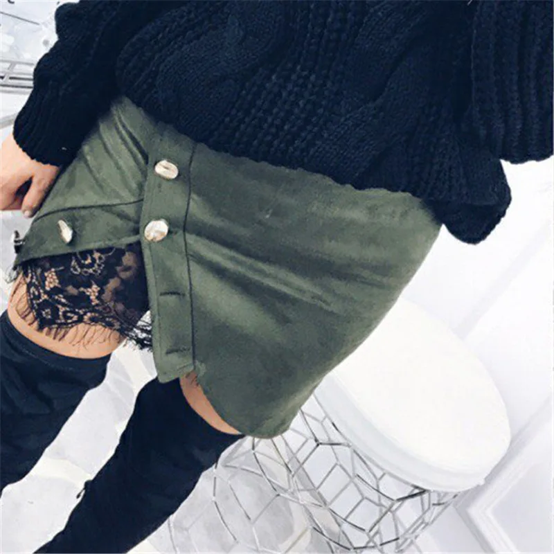 New fashion Women Ladies High Waist Pencil Skirts button lace patchwork sexy Bodycon Suede Leather split party casual Mini Skirt