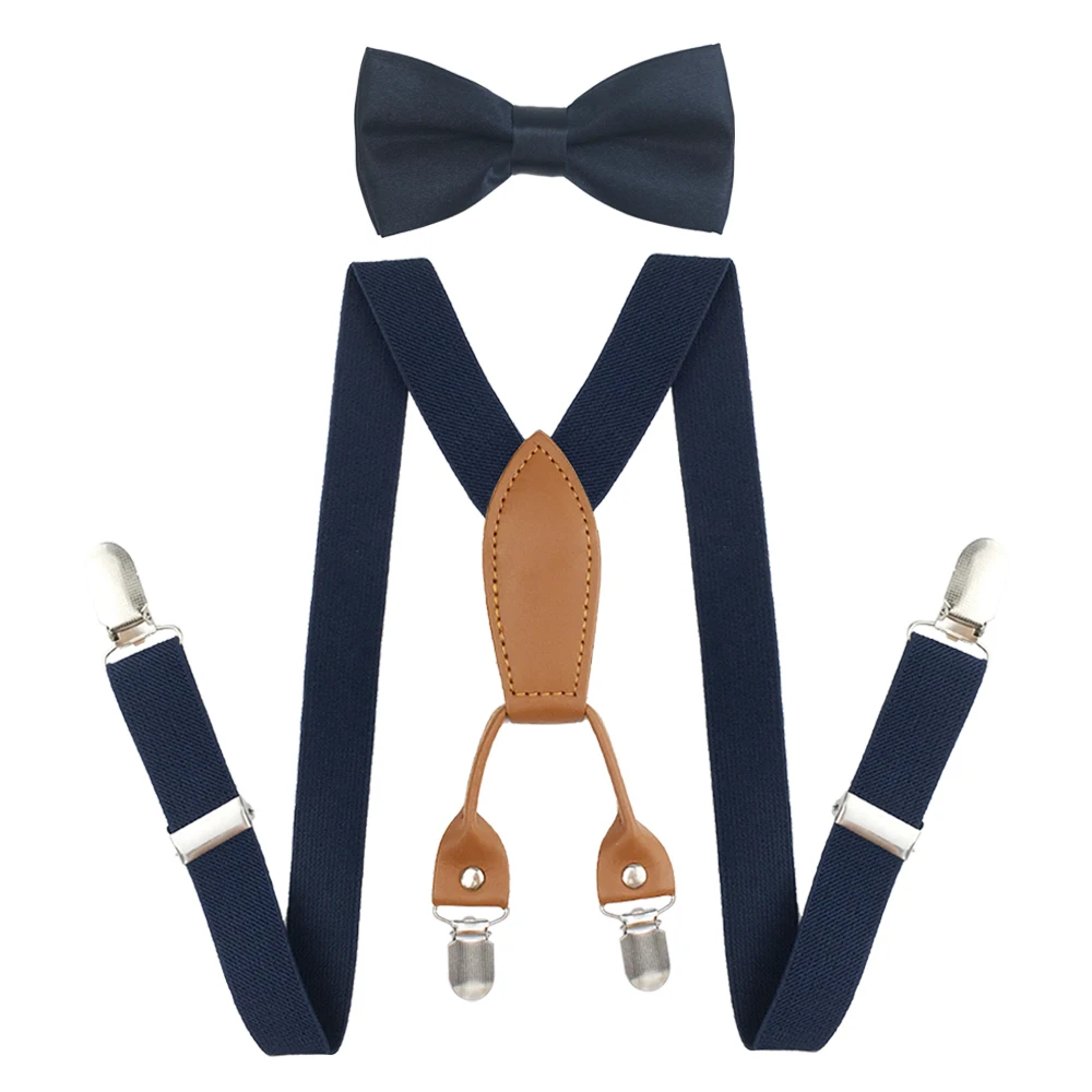 Soild Color Children Belt Bowtie Set Baby Boys Girls Suspenders 4 Clip-on Y-Back Braces Bow Tie Elastic Kids Adjustable