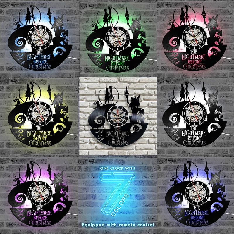 Preise Vintage Schallplatte Wanduhr mit 7 LED Beleuchtung Der Albtraum Vor Weihnachten LED Wanduhr Kunst Hängen Uhr Hause decor