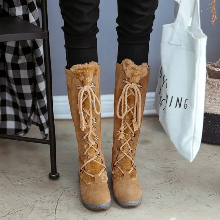 

Big Size 11 12 13 14 15 Suede round-headed thick-heeled waterproof platform front lace cross strap and calf barrel fashion boots