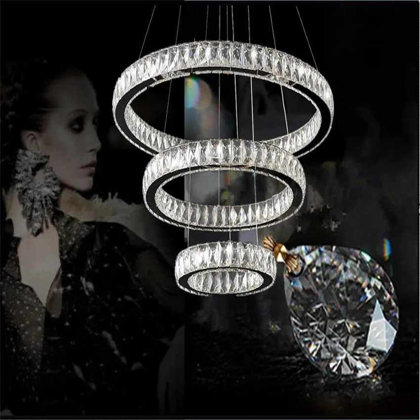 

Modern Chrome Chandelier Crystal Diamond Rings LED Pendant Lamp Stainless Steel Hanging Lamp Light Fixtures Lustres Para Sala