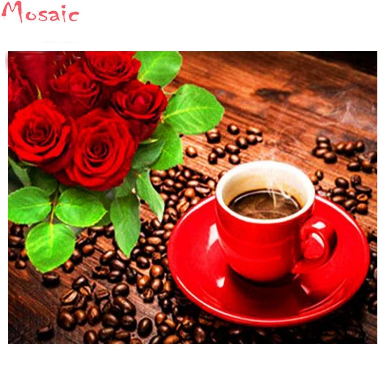 

30x40cm 5D Diy Diamond Painting Cross Stitch red Coffee Cup rose Resin mosaic Diamond Embroidery Home Decoration Rolled up