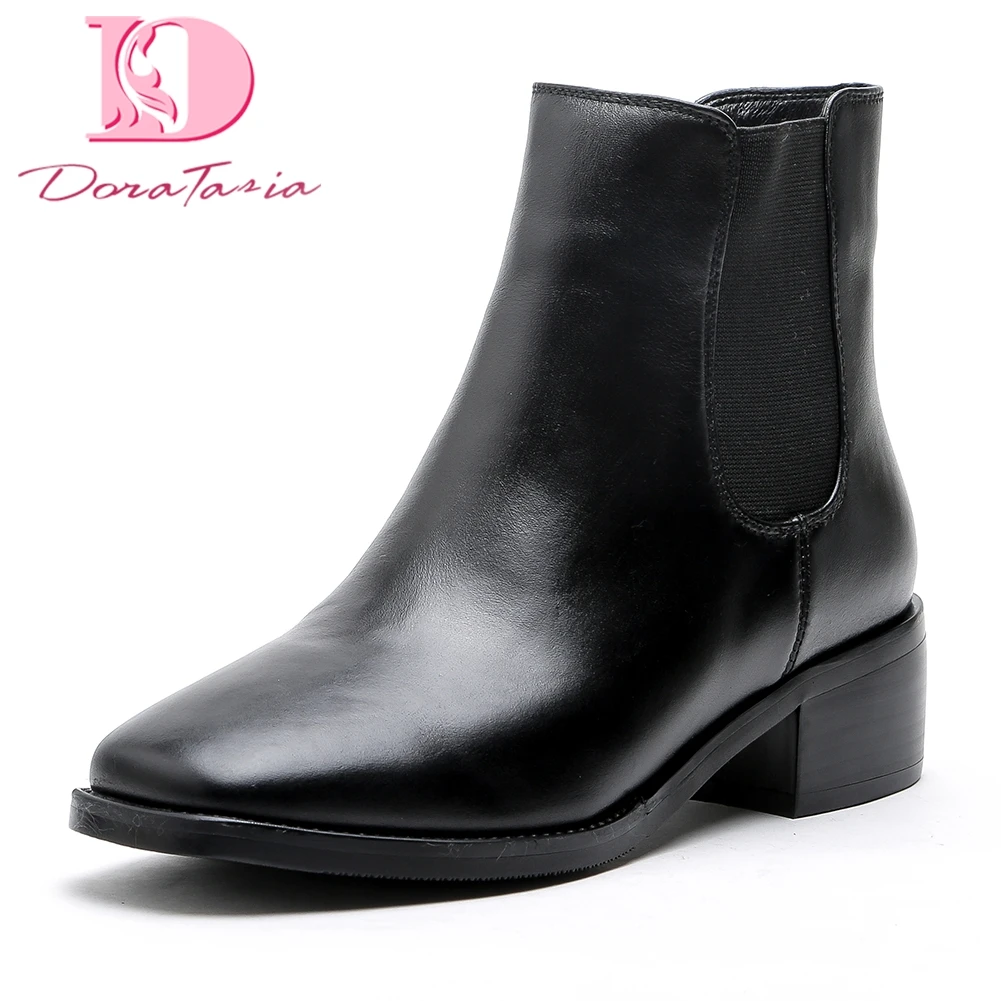 

Doratasia Genuine Leather Large Size 34-43 Cow Leather Square Heels Elastic Band Ankle Boots Square Toe women Boots Shoes Woman