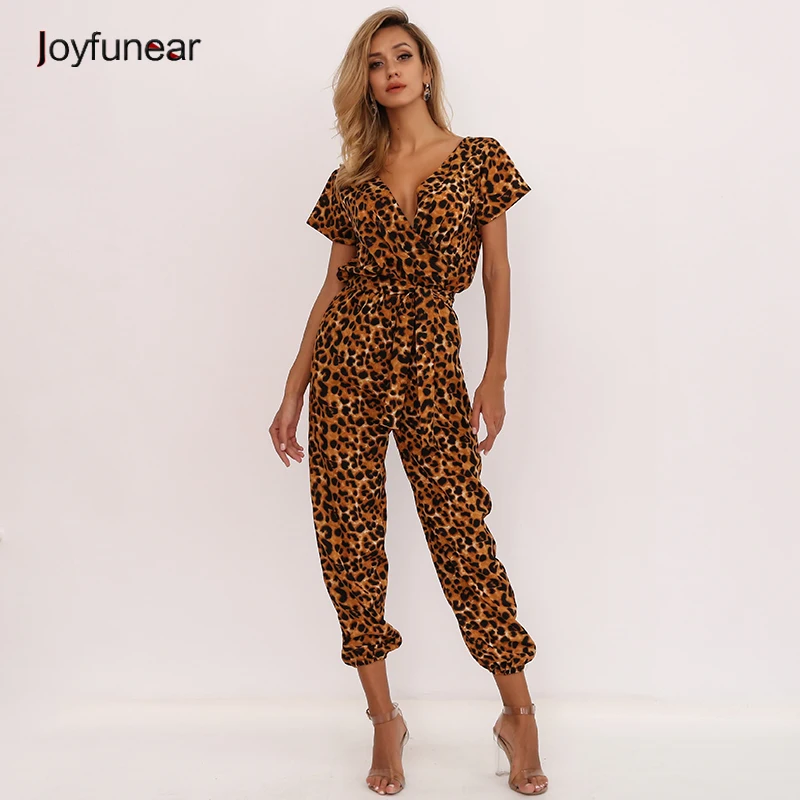Joyfunear V Neck Winter Overalls Belt Leopard Printed Jumpsuits For ...
