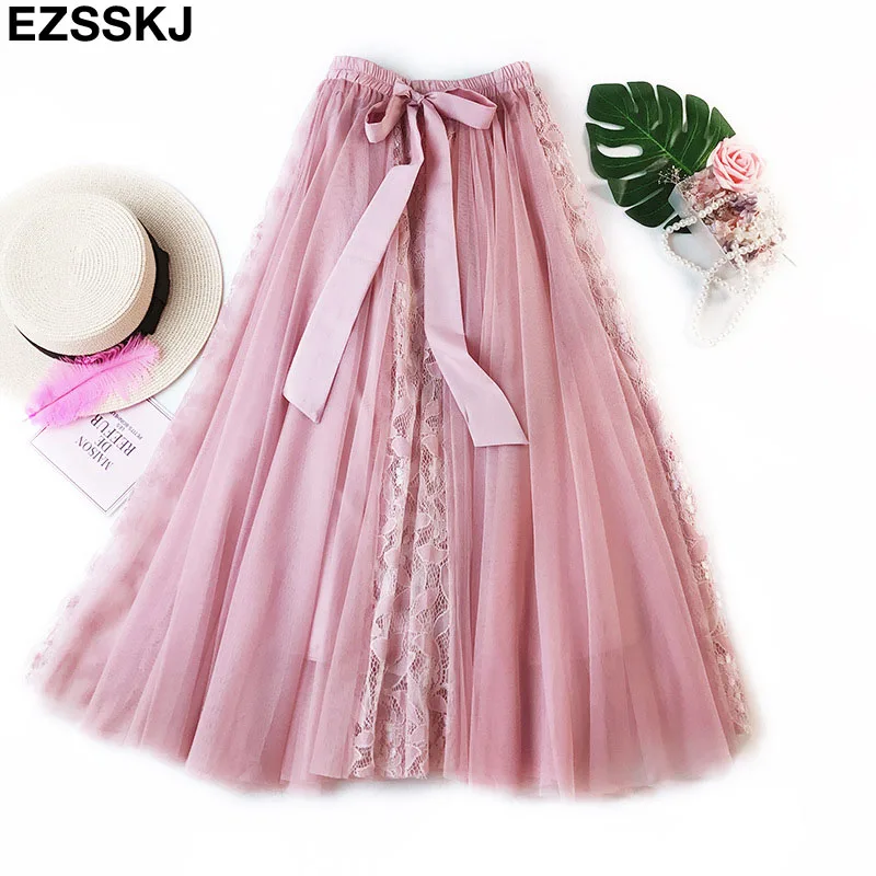 Весенне-летние длинные кружевные юбки с бантом, Женская сетчатая юбка с высокой талией, женская элегантная юбка-пачка, Тюлевая юбка трапециевидной формы - Цвет: Розовый