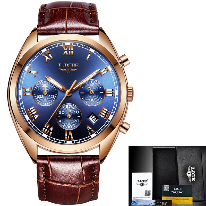 Мужские спортивные часы Relogio LIGE, водонепроницаемые аналоговые кварцевые мужские часы с хронографом и датой, деловые часы для мужчин, reloj hombre - Цвет: Gold blue leather