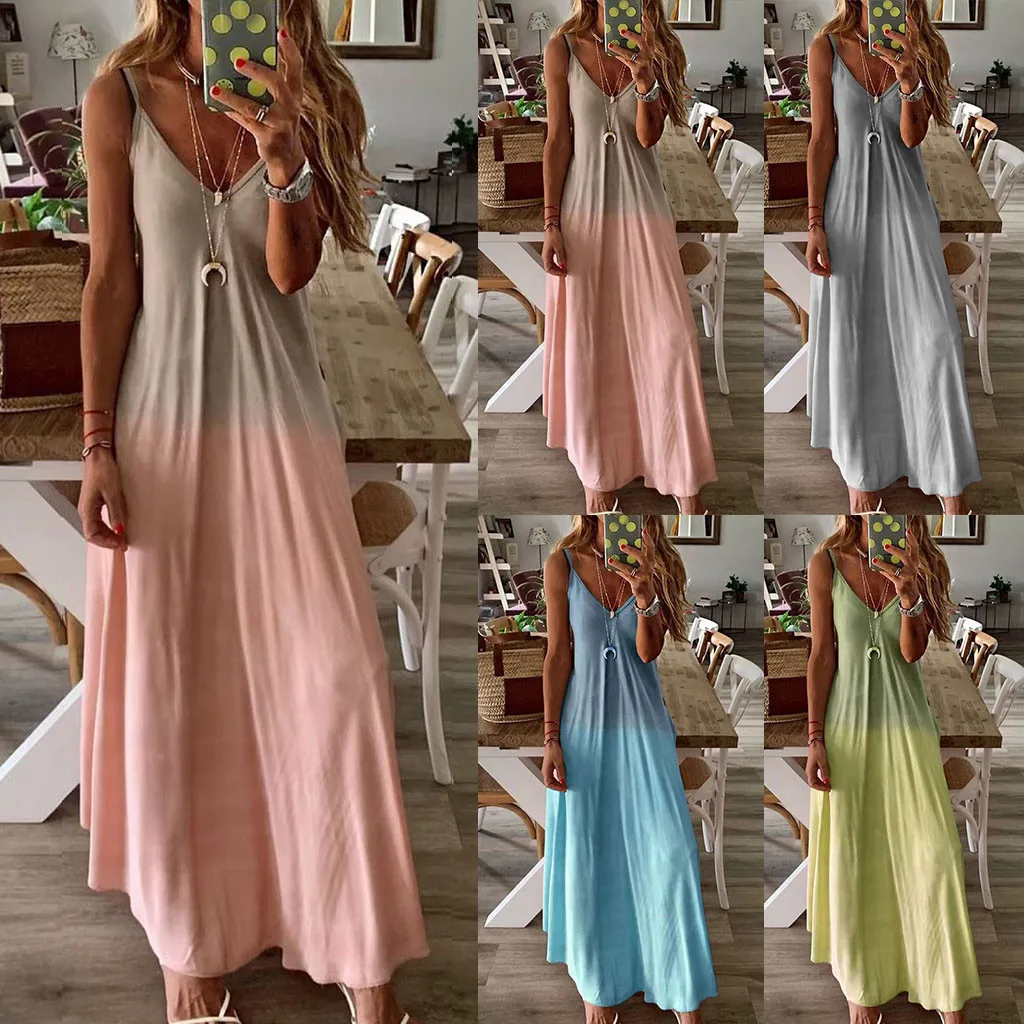 Плюс размер летнее пляжное платье для женщин модное градиентное без рукавов Свободное длинное платье с v-образным вырезом ремень женское платье для отдыха макси