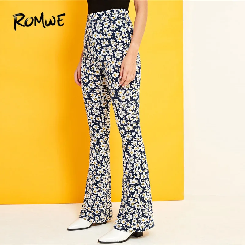 

ROMWE Women High Street Daisy Print Elastic High Waist Long Flare Pants Vintage Streetwear Stretchy Floral Flare Leg Trousers