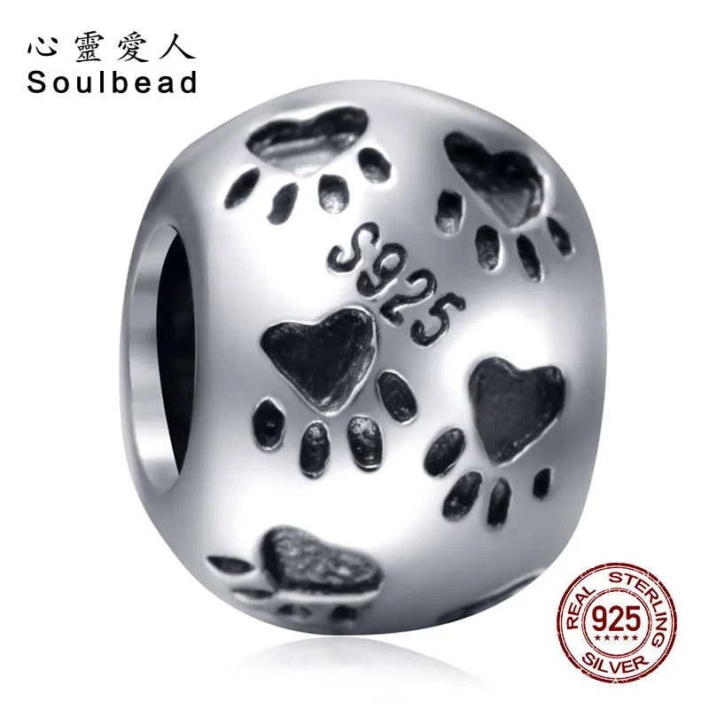 

Soulbead 925 Sterling Silver Paw Print Charm Heart Footprint Paw Beads Fit Pandora Charms Bracelets DIY Jewelry SS0003