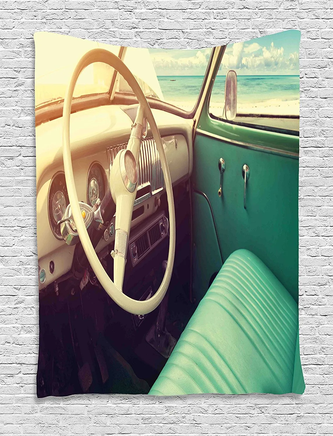 Coastal Tapestry Interior of a Classic Car Parked Seaside and the