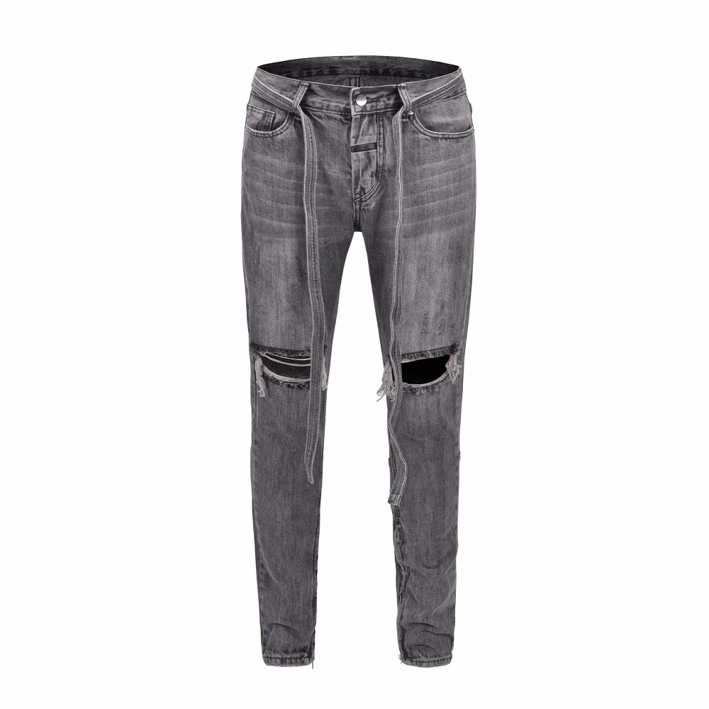Kanye West потертые узкие джинсы с поясом серые противотуманные джинсы с лентой мужские до лодыжки молнии до колена байкерские повседневные штаны