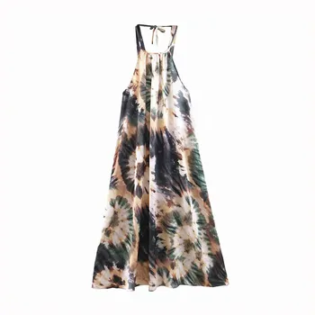 

Women stylish print halter backless dress adjustable straps sexy female vintage A line ankle length dresses