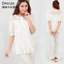Princess lounge women’s spring and summer white 100% cotton lace short sleeve length pants sleep set night