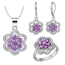 925 пробы Серьги-подвески с цветочным украшением из чистого сердца комплект фиолетового цвета с украшением в виде кристаллов для Для женщин свадебных ювелирных изделий 925 пробы серебро Цепочки и ожерелья серьги SS004
