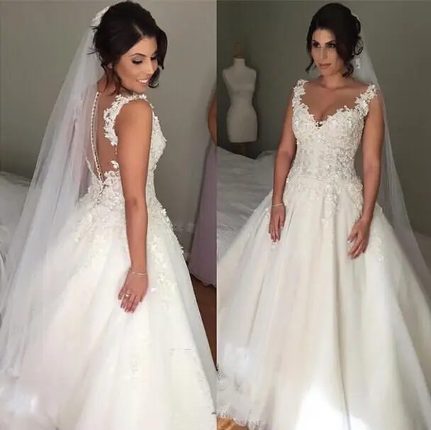 

Robe de Mariee 2019 Wedding Dresses Ball Gown V Neck Lace Appliques Tulle Beaded Lace Bridal Dresses Vestidos