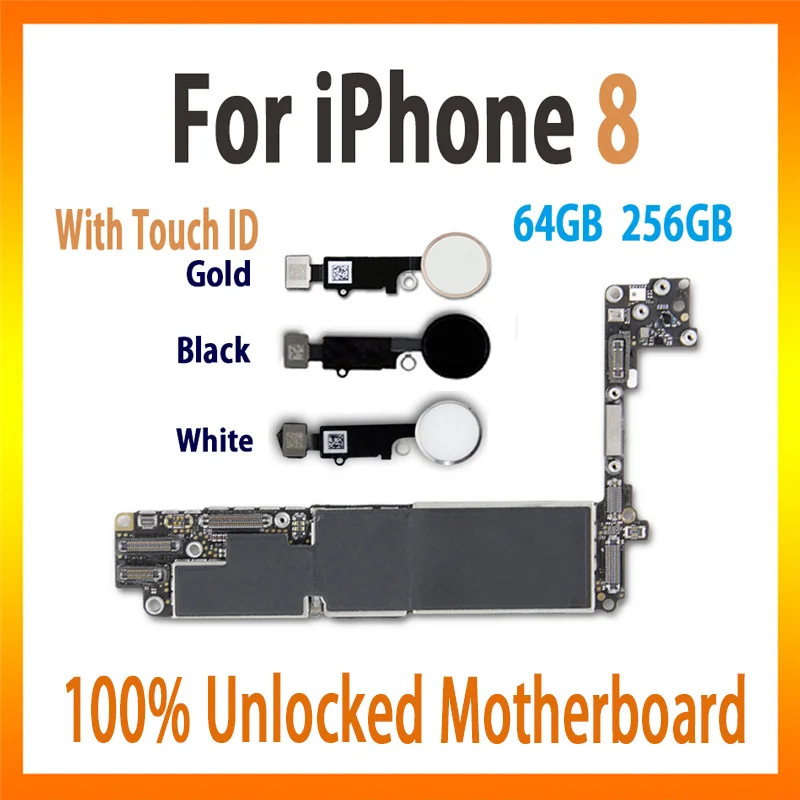 

100% unlocked logic board For iPhone 8 motherboard 64GB 256GB with/without touch ID balck white gold mainboard with Chips