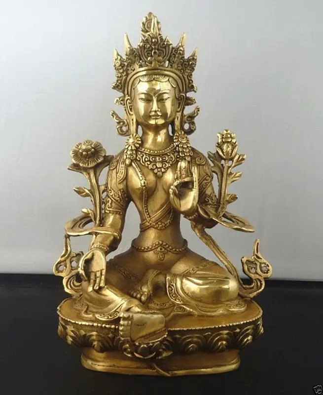 Тибетский буддизм медный зеленый Tara Godness Kwan-yin статуя Будды | Дом и сад