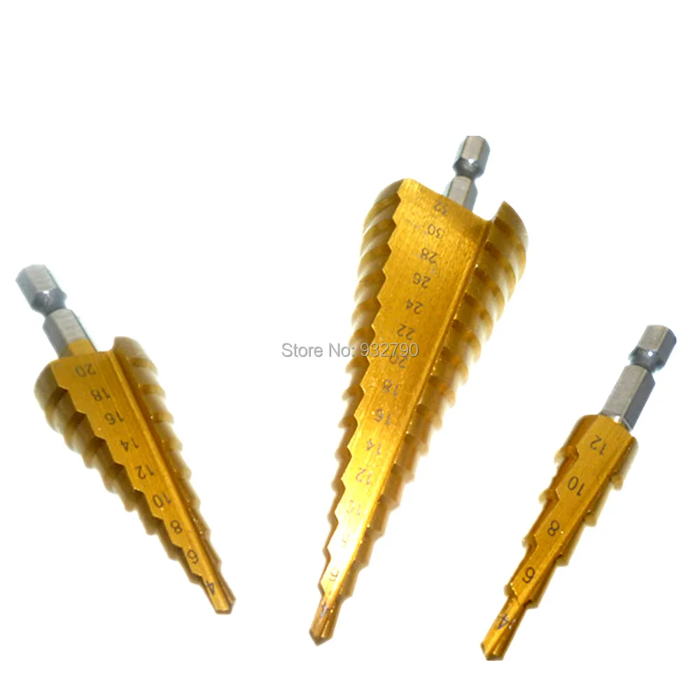 3pc Titanium Step Drill Bit 1/4" Hex Shank Hss Step Cone Drill Wood Pvc