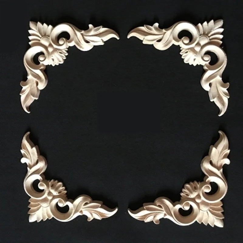 

1PC Flower Carving Natural Wood Appliques for Furniture Cabinet Unpainted Wooden Mouldings Decal Decorative Figurine