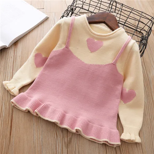 Fanfiluca Toddler Girls Sweaters Fake two Piece Heart  Outerwear Children Round Collar Pullovers Baby Girl Cotton Knit Sweaters1