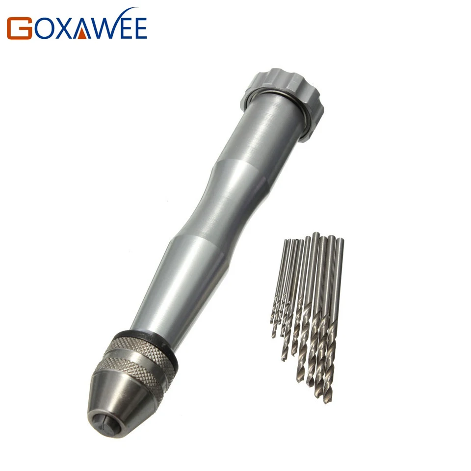 GOXAWEE Mini Micro Aluminum Hand Drill with Keyless Chuck with 10pcs HSS Twist Drill Bits Rotary Tool Wood Drilling 0.1-3.2mm
