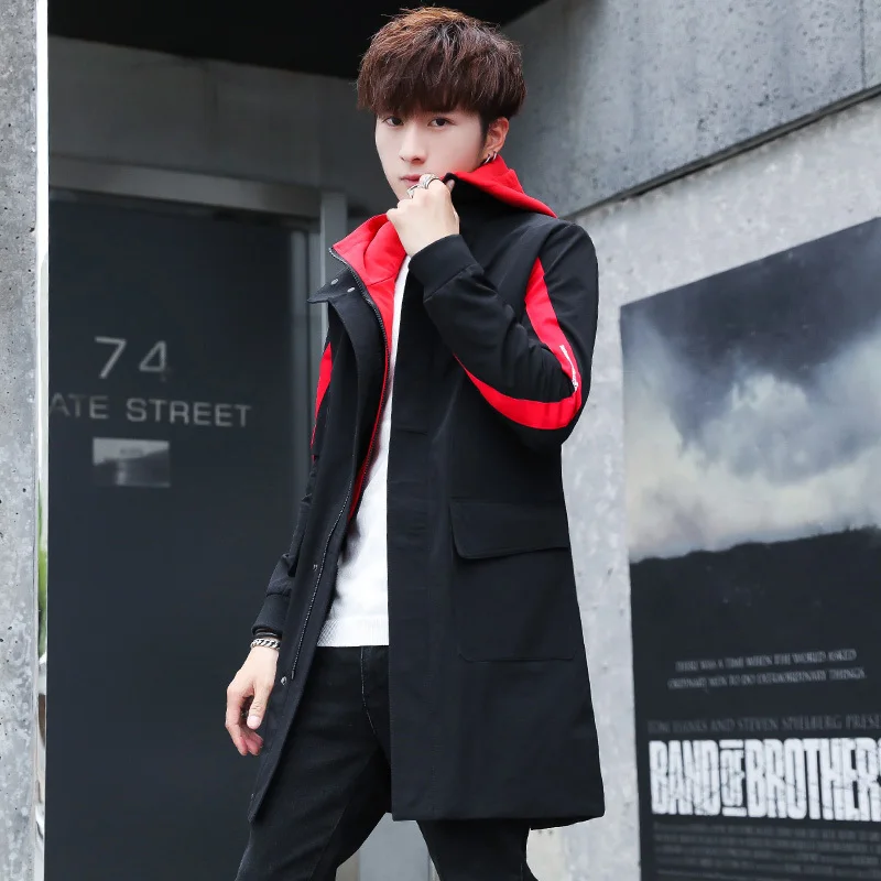 

2019 Autumn Thin Section Man Long Jacket Male Loose Coat Overcoat Youth Self-cultivation Tide windbreaker Chinese Style Black