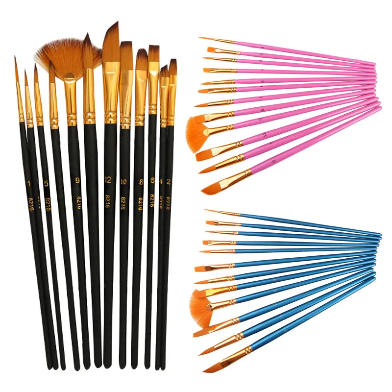 12pcs Brushes Set Nylon Hair Paint Brush Various Style Acrylic Brushes